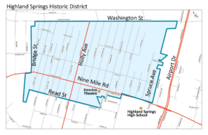 Map of the Highland Springs Historic district in Henrico. It is an approximately 0.6 square mile area from Read Street to Washington Street and between Bridge Street and Spruce Avenue